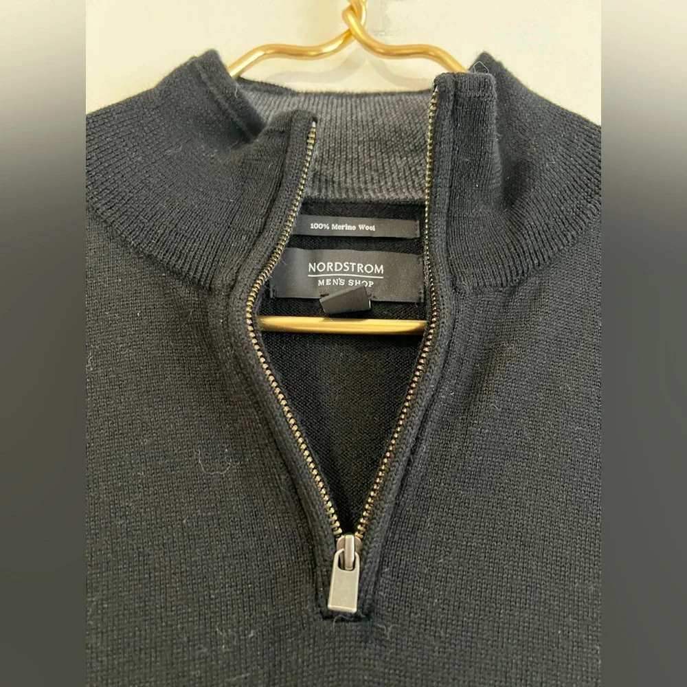 Nordstrom Men's Black 1/4 Zip-Up Sweater 100% merino wool black  M
